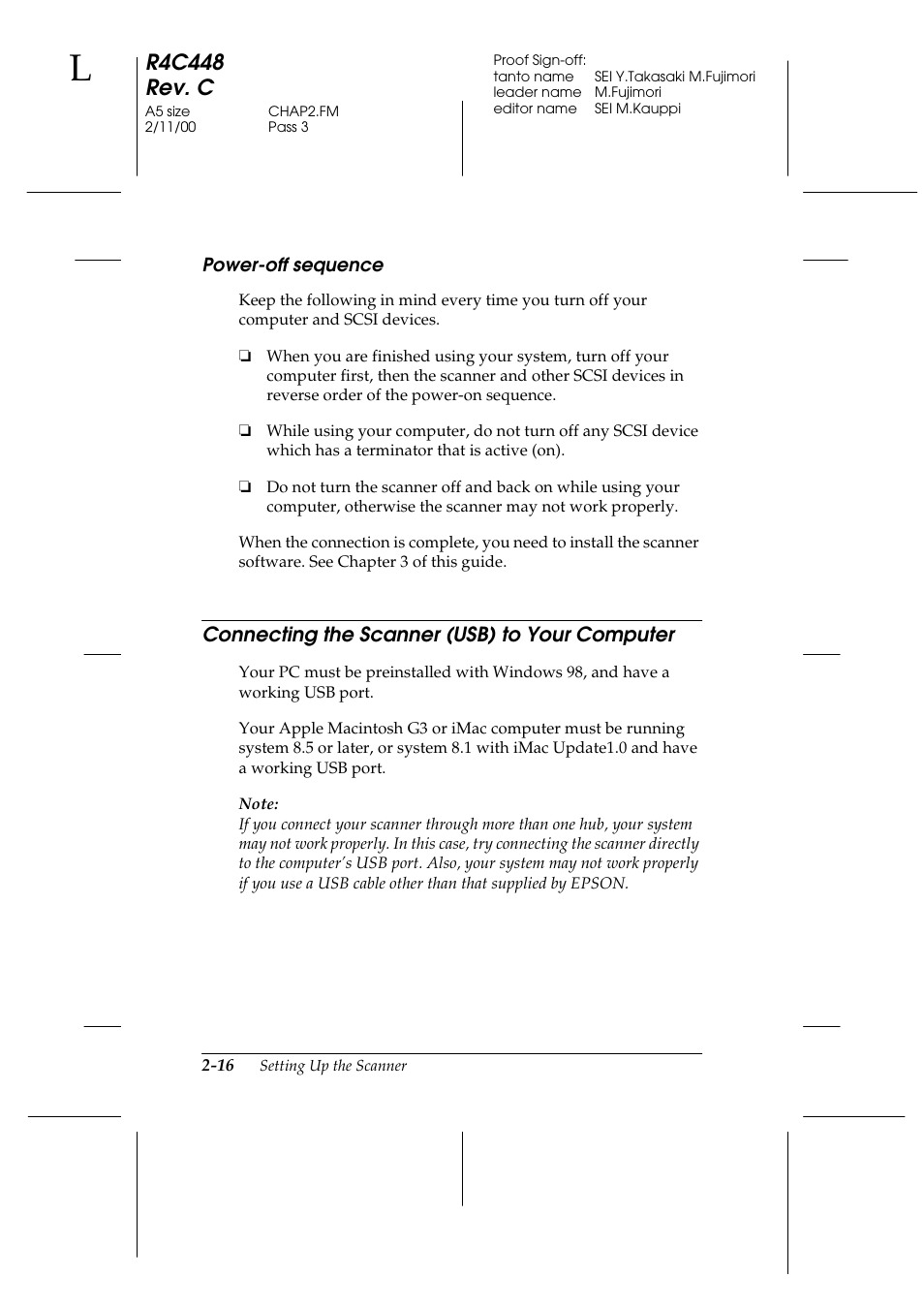 Power-off sequence, Connecting the scanner (usb) to your computer, Power-off sequence -16 | Connecting the scanner (usb) to your computer -16, R4c448 rev. c | Epson 1200 series User Manual | Page 36 / 185