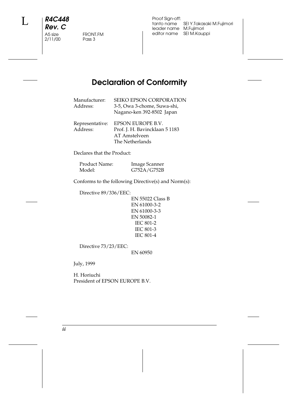 Declaration of conformity, R4c448 rev. c | Epson 1200 series User Manual | Page 4 / 185