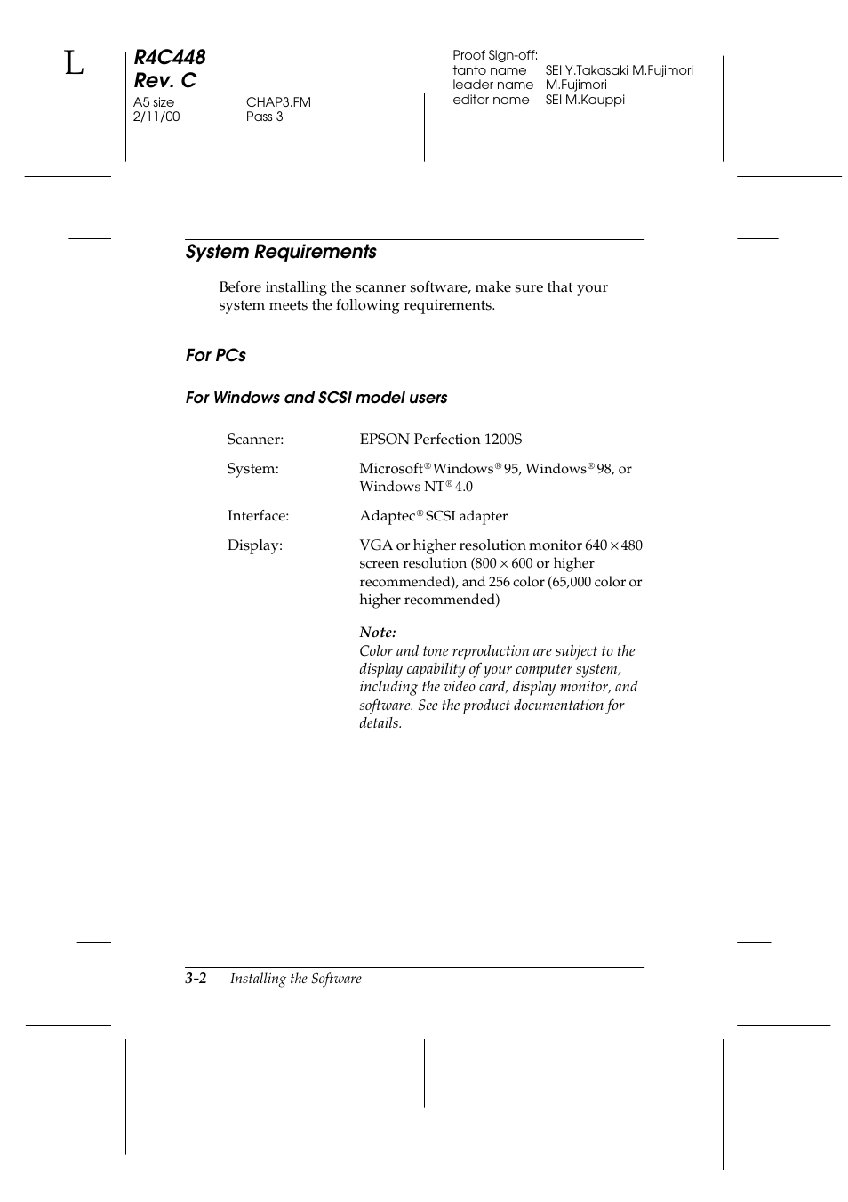 System requirements, For pcs, For windows and scsi model users | System requirements -2, For pcs -2, R4c448 rev. c | Epson 1200 series User Manual | Page 42 / 185