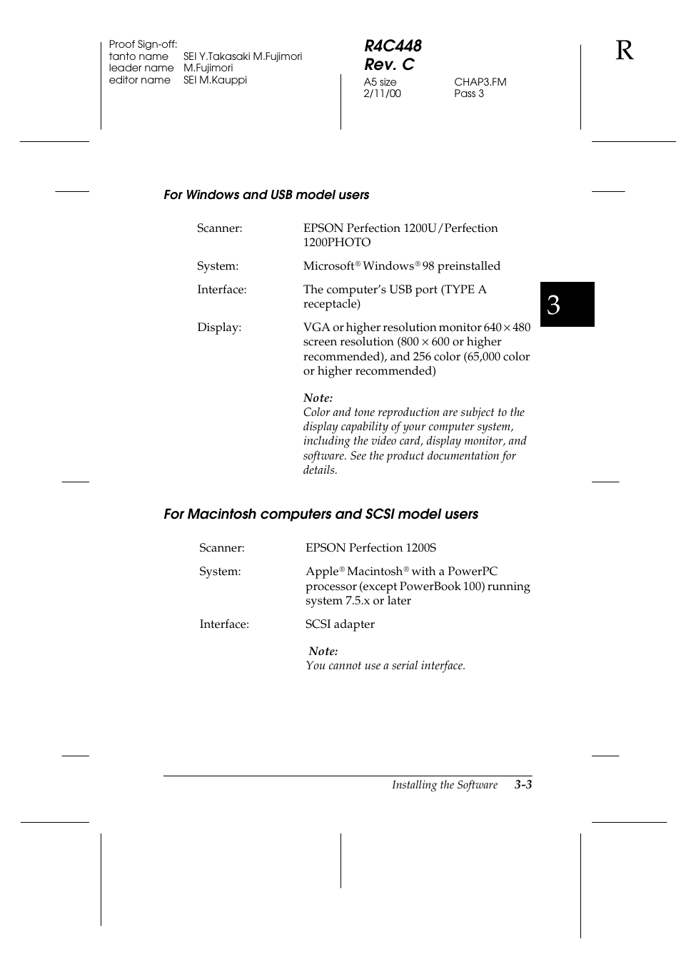 For windows and usb model users, For macintosh computers and scsi model users, For macintosh computers and scsi model users -3 | R4c448 rev. c | Epson 1200 series User Manual | Page 43 / 185