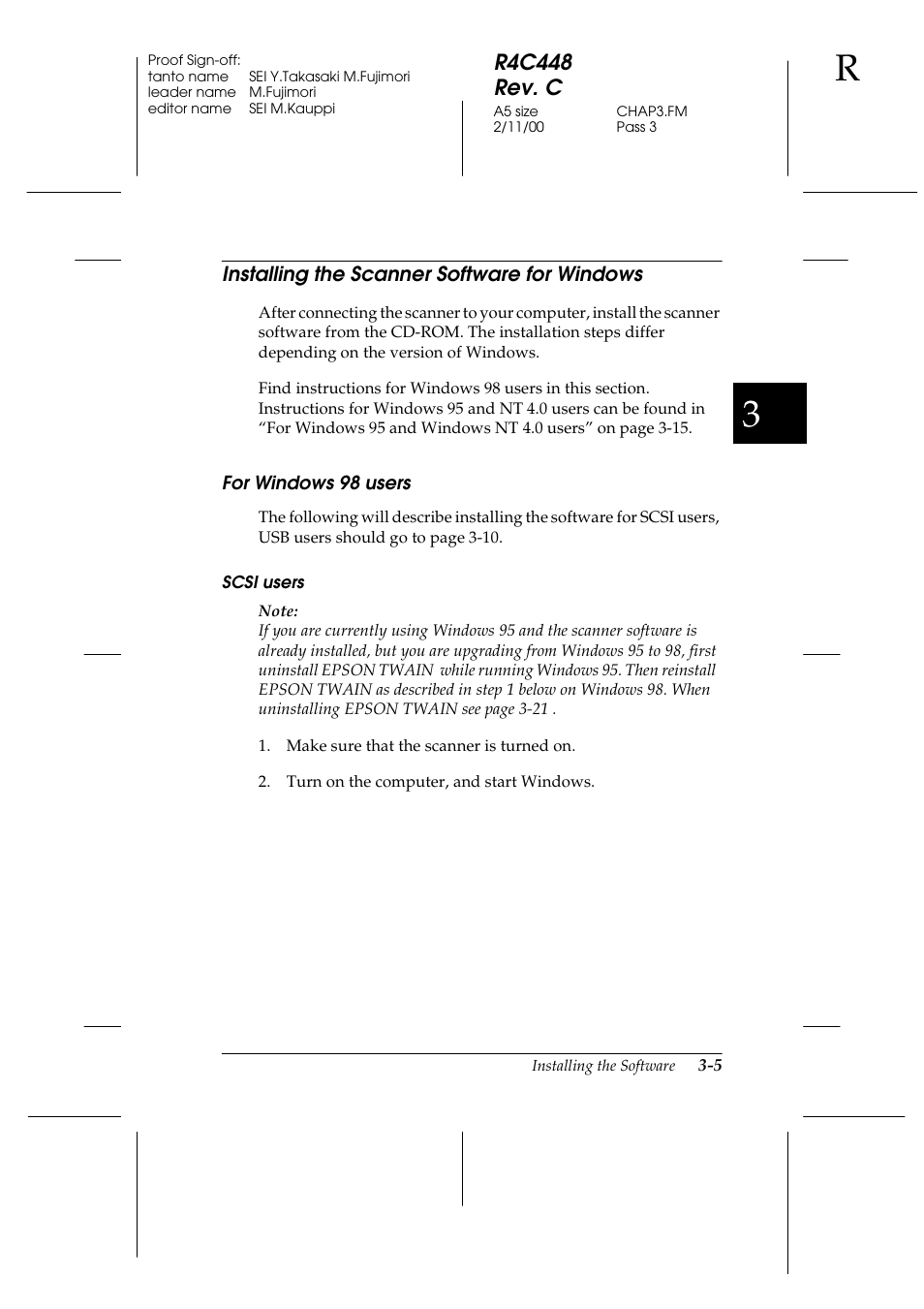 Installing the scanner software for windows, For windows 98 users, Scsi users | Installing the scanner software for windows -5, For windows 98 users -5, R4c448 rev. c | Epson 1200 series User Manual | Page 45 / 185