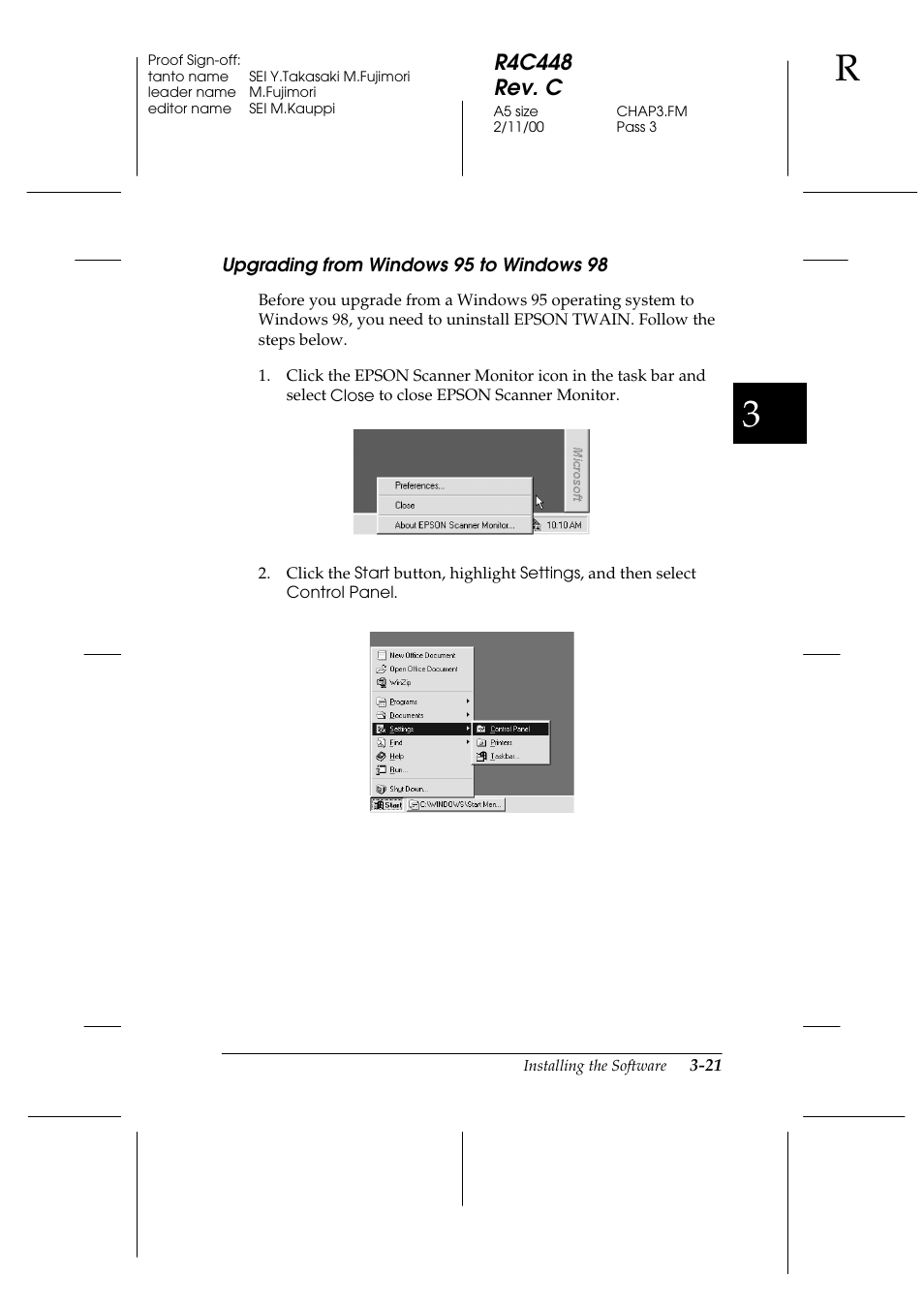 Upgrading from windows 95 to windows 98, Upgrading from windows 95 to windows 98 -21, R4c448 rev. c | Epson 1200 series User Manual | Page 61 / 185