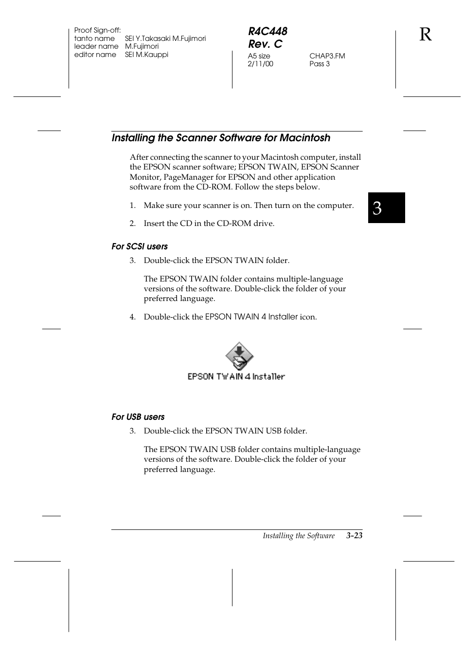 Installing the scanner software for macintosh, For scsi users, For usb users | Installing the scanner software for macintosh -23, R4c448 rev. c | Epson 1200 series User Manual | Page 63 / 185