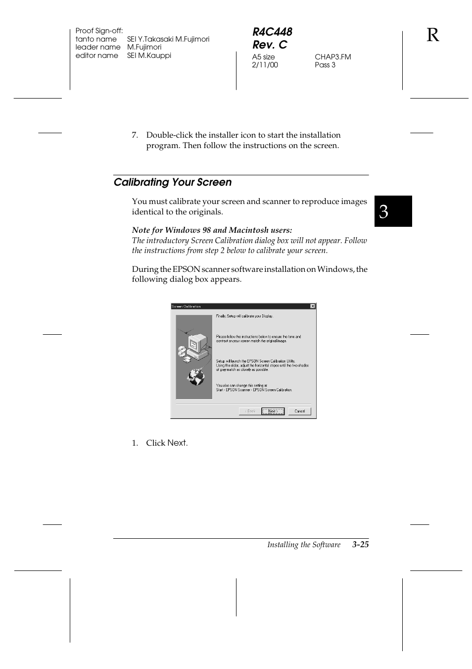 Calibrating your screen, Calibrating your screen -25, R4c448 rev. c | Epson 1200 series User Manual | Page 65 / 185