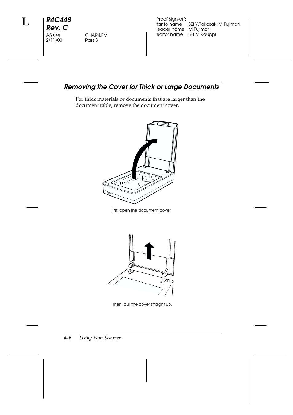 Removing the cover for thick or large documents, Removing the cover for thick or large documents -6, R4c448 rev. c | Epson 1200 series User Manual | Page 72 / 185