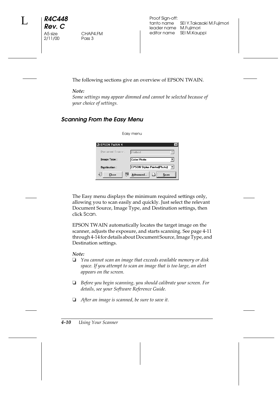 Scanning from the easy menu, Scanning from the easy menu -10, R4c448 rev. c | Epson 1200 series User Manual | Page 76 / 185