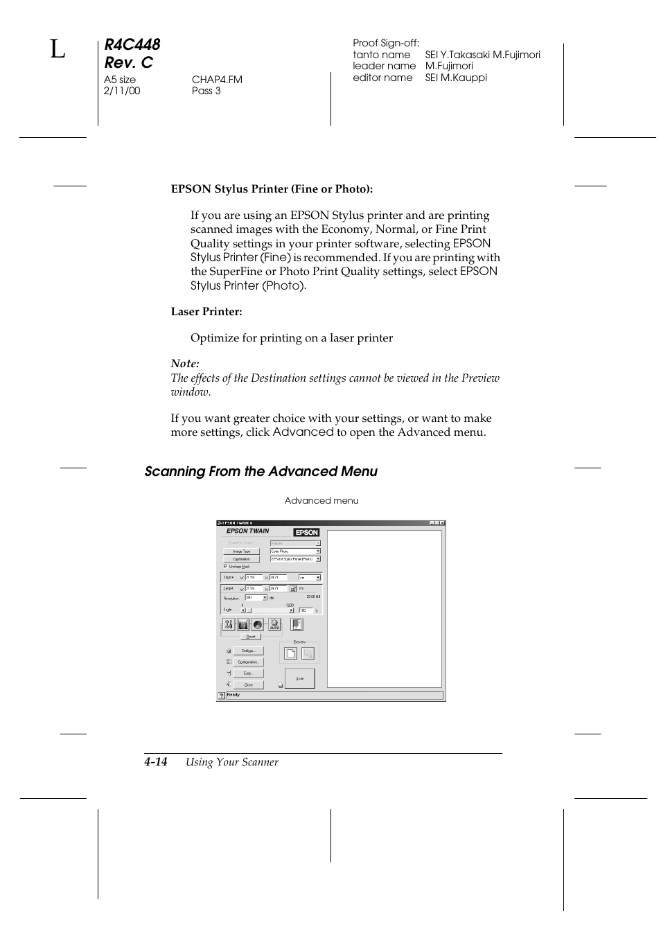 Scanning from the advanced menu, Scanning from the advanced menu -14, R4c448 rev. c | Epson 1200 series User Manual | Page 80 / 185