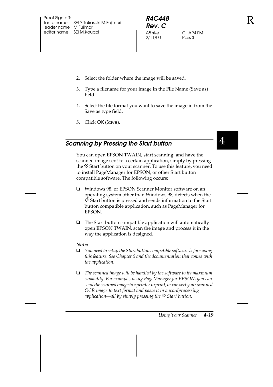 Scanning by pressing the start button, Scanning by pressing the start button -19, R4c448 rev. c | Epson 1200 series User Manual | Page 85 / 185