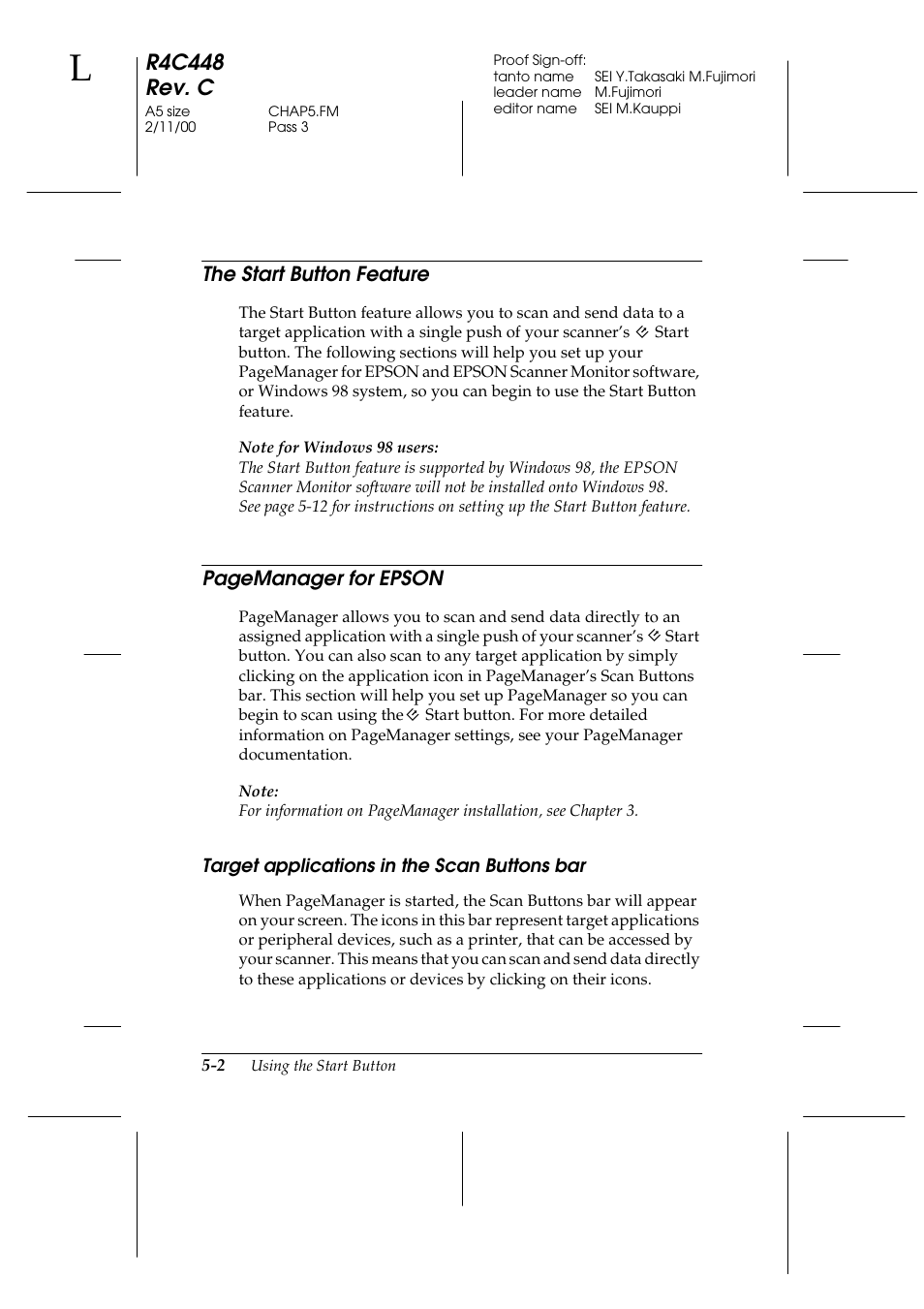 The start button feature, Target applications in the scan buttons bar, Target applications in the scan buttons bar -2 | The start button feature -2, R4c448 rev. c, Pagemanager for epson | Epson 1200 series User Manual | Page 88 / 185