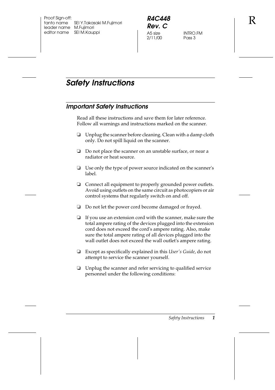 Safety instructions, Important safety instructions, R4c448 rev. c | Epson 1200 series User Manual | Page 9 / 185