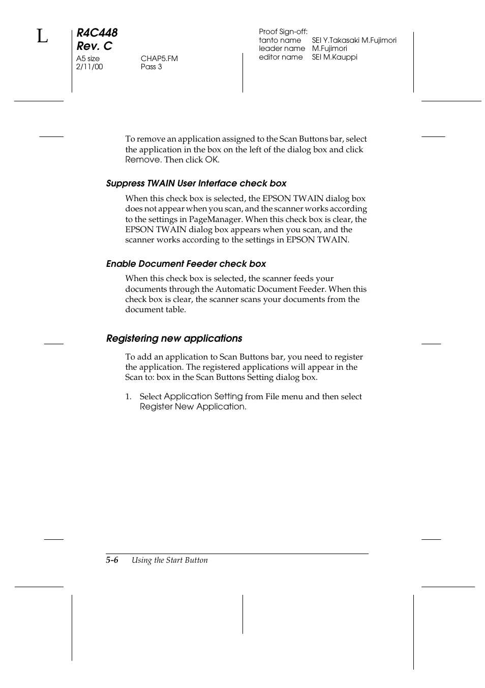 Suppress twain user interface check box, Enable document feeder check box, Registering new applications | Changing the scsi id number or scsi board -27, Registering new applications -6, R4c448 rev. c | Epson 1200 series User Manual | Page 92 / 185