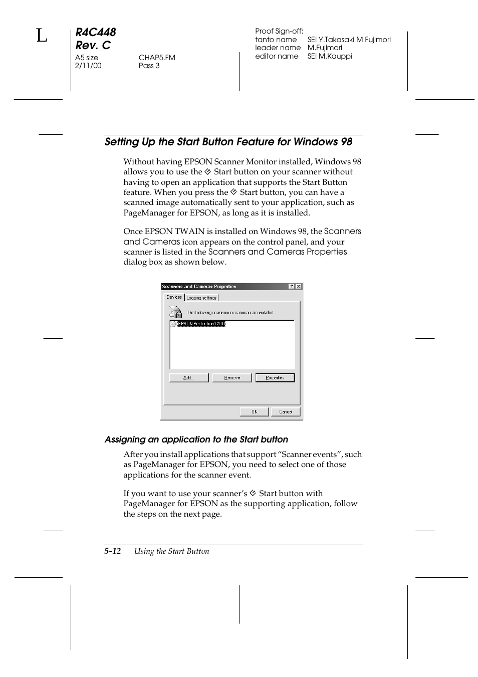 Setting up the start button feature for windows 98, Assigning an application to the start button, R4c448 rev. c | Epson 1200 series User Manual | Page 98 / 185