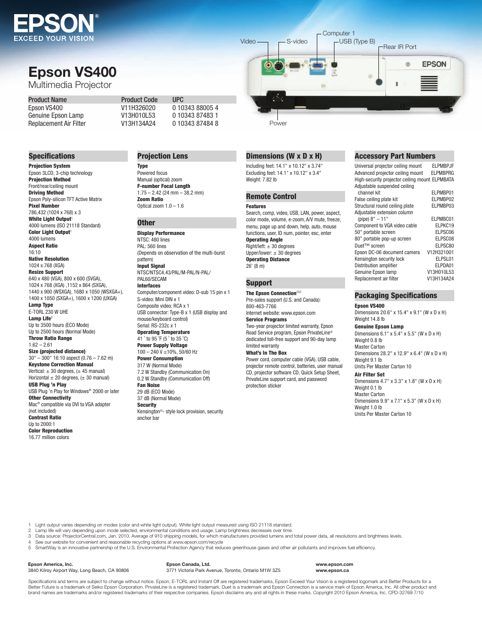Epson vs400, Multimedia projector, Specifications | Projection lens, Other, Remote control, Support, Accessory part numbers, Packaging specifications | Epson VS400 User Manual | Page 4 / 4