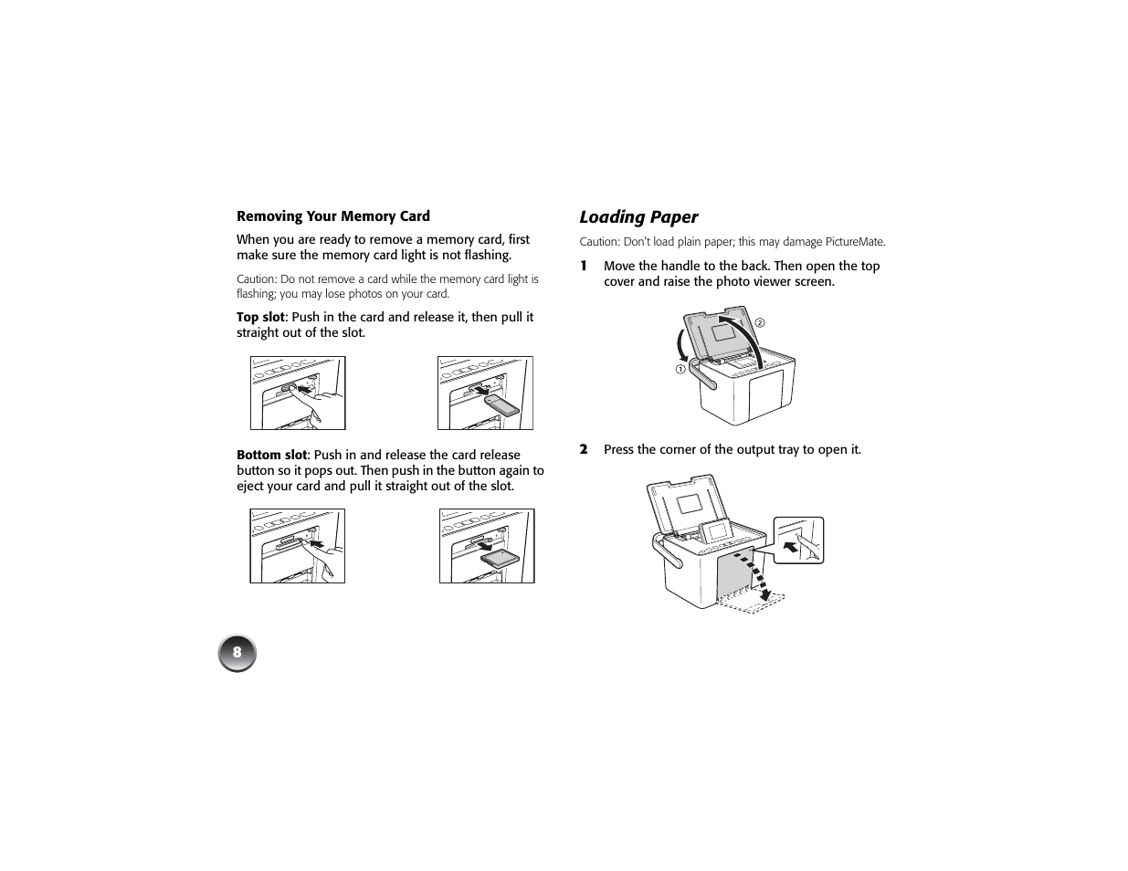 Removing your memory card, Loading paper | Epson PICTUREMATE PM 225 User Manual | Page 10 / 67