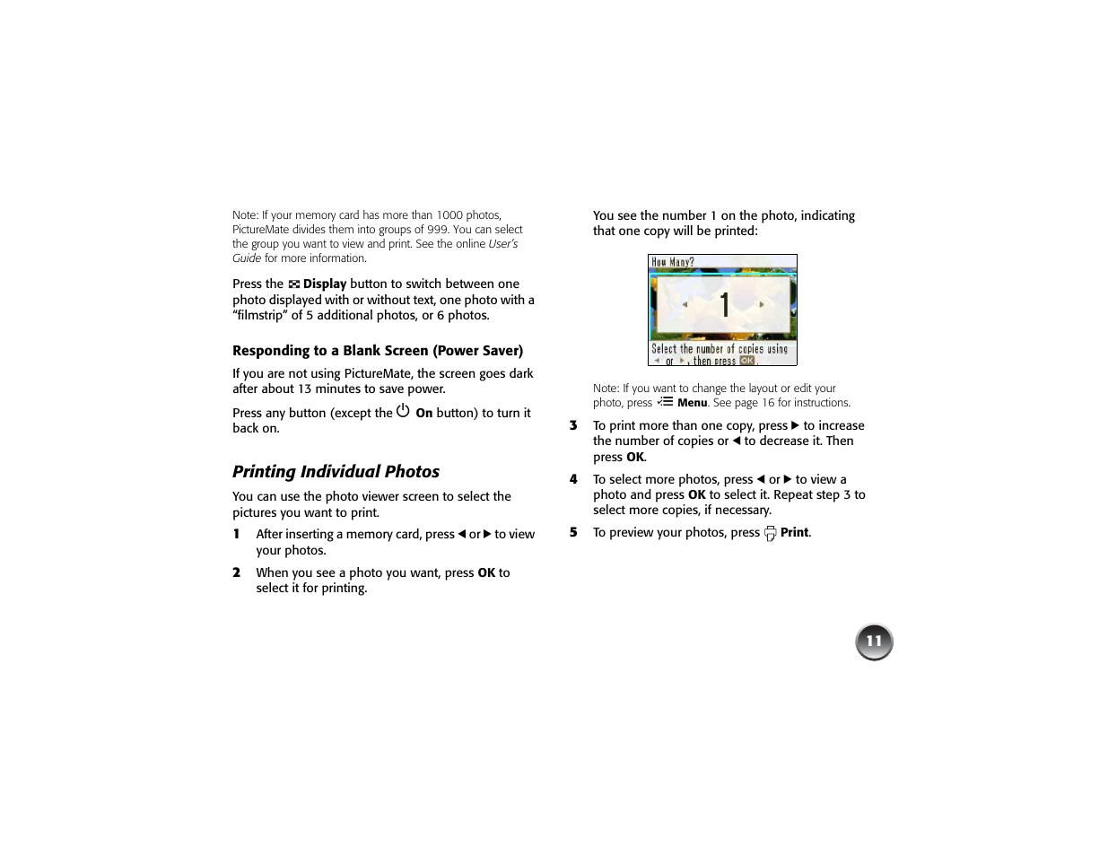 Responding to a blank screen (power saver), Printing individual photos | Epson PICTUREMATE PM 225 User Manual | Page 13 / 67