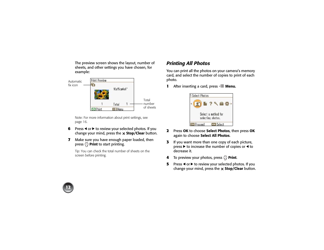 Printing all photos | Epson PICTUREMATE PM 225 User Manual | Page 14 / 67