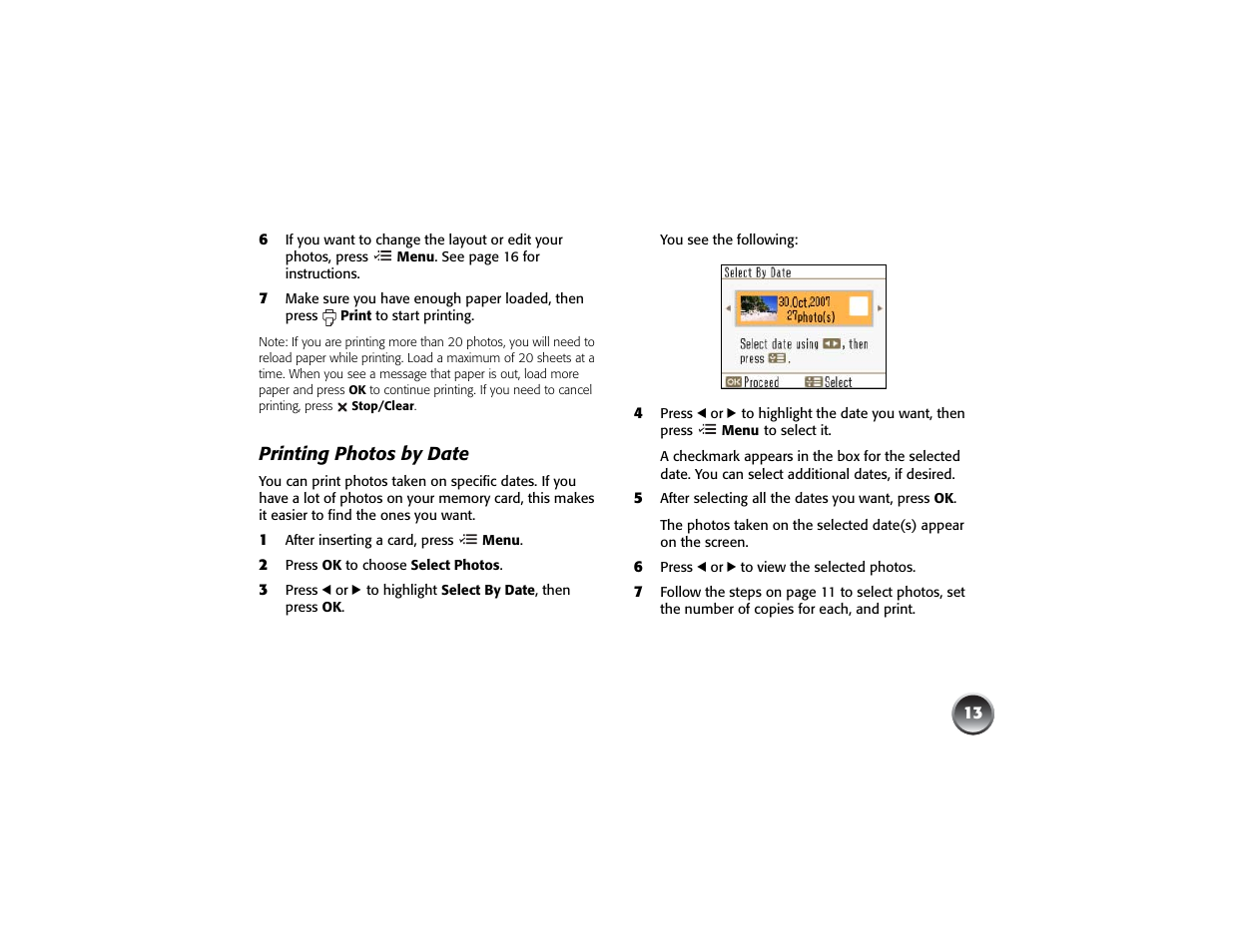 Printing photos by date | Epson PICTUREMATE PM 225 User Manual | Page 15 / 67