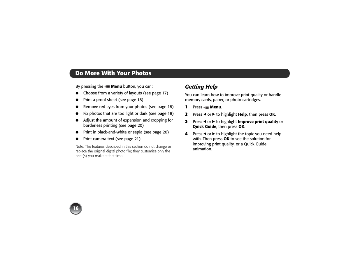 Do more with your photos, Getting help | Epson PICTUREMATE PM 225 User Manual | Page 18 / 67