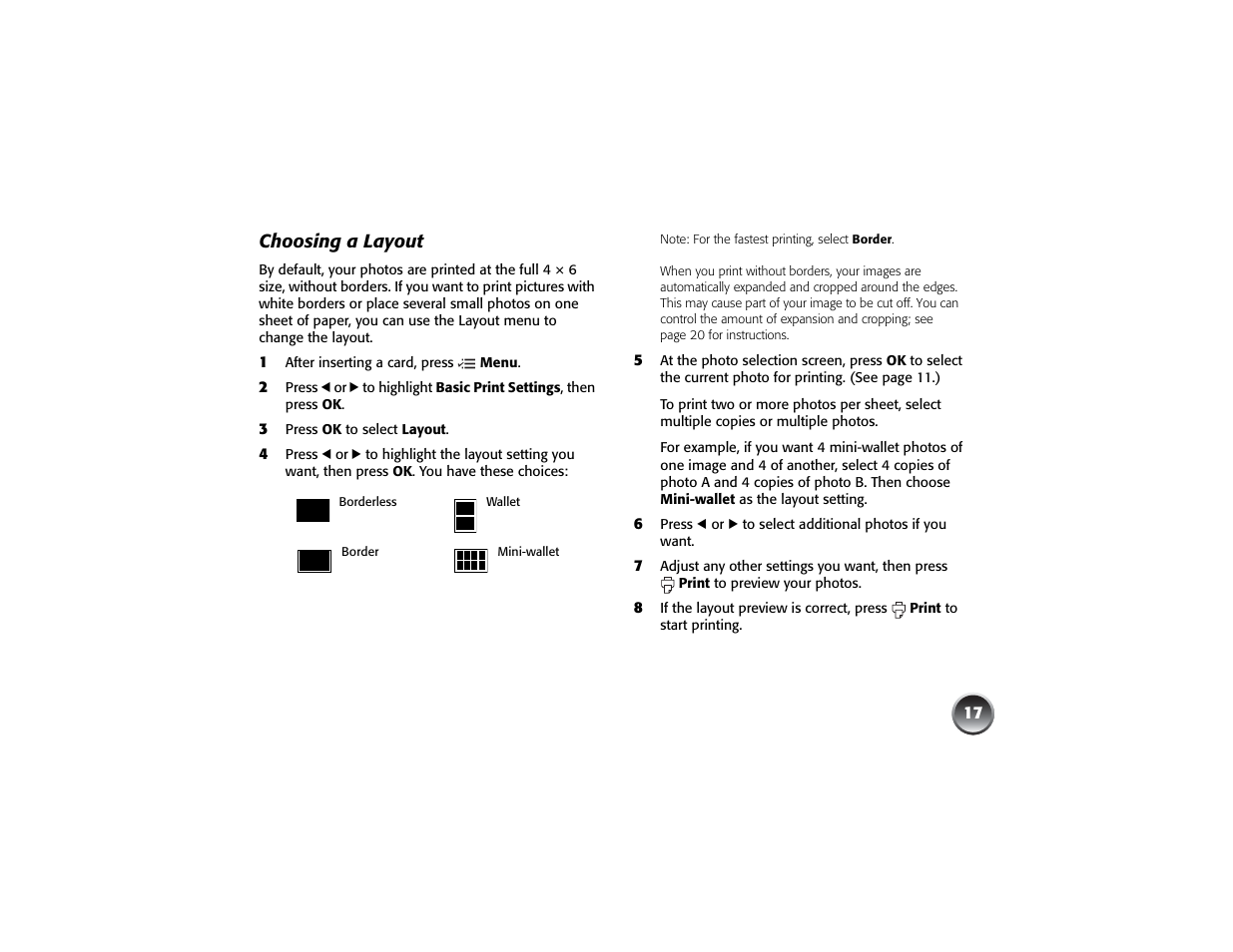Choosing a layout | Epson PICTUREMATE PM 225 User Manual | Page 19 / 67