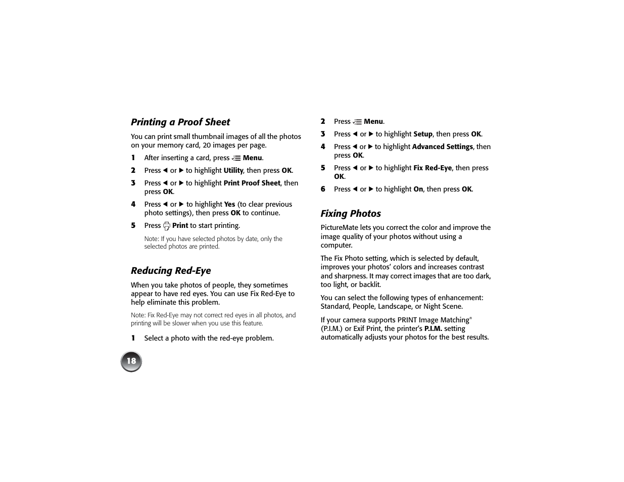 Printing a proof sheet, Reducing red-eye, Fixing photos | Epson PICTUREMATE PM 225 User Manual | Page 20 / 67