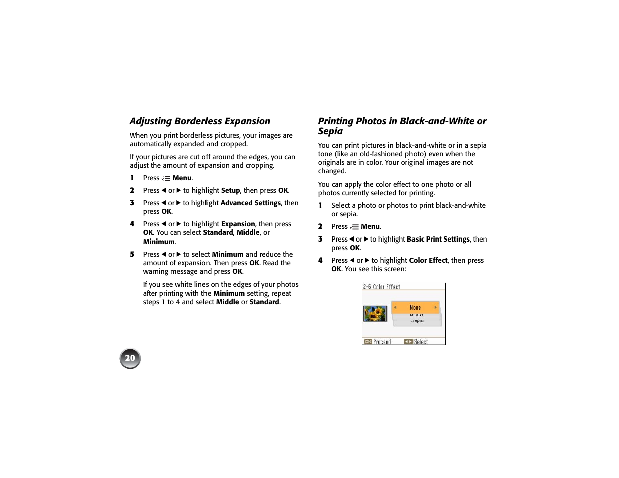 Adjusting borderless expansion, Printing photos in black-and-white or sepia | Epson PICTUREMATE PM 225 User Manual | Page 22 / 67