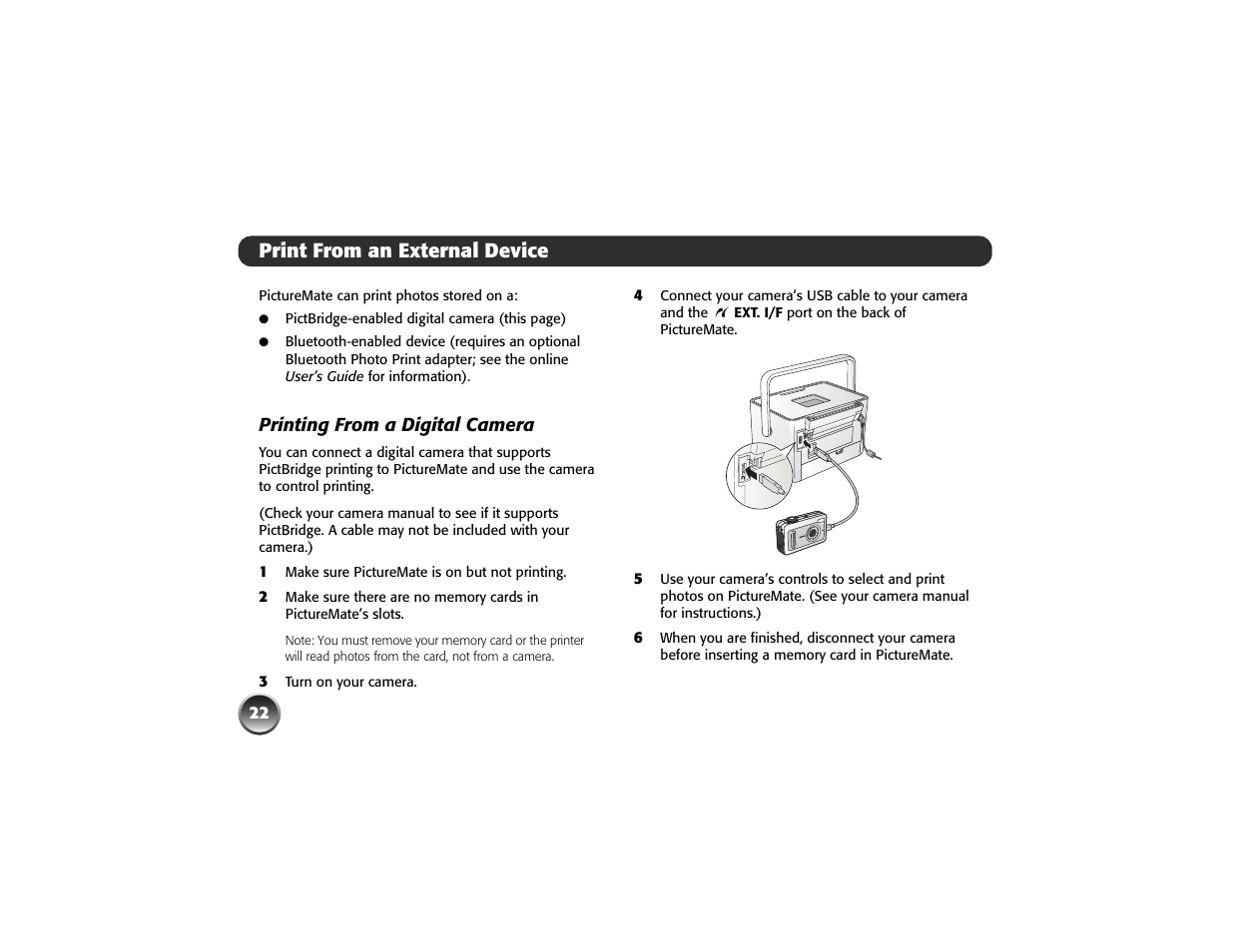 Print from an external device, Printing from a digital camera | Epson PICTUREMATE PM 225 User Manual | Page 24 / 67