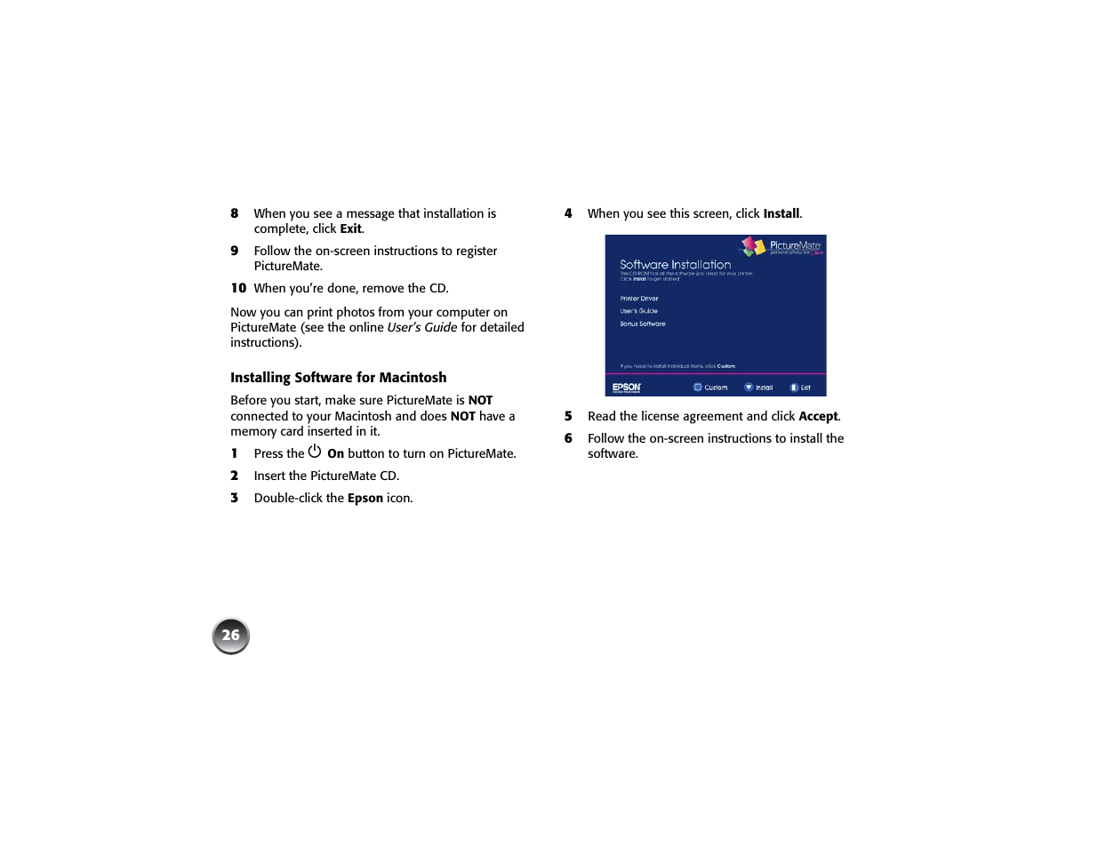 Installing software for macintosh | Epson PICTUREMATE PM 225 User Manual | Page 28 / 67