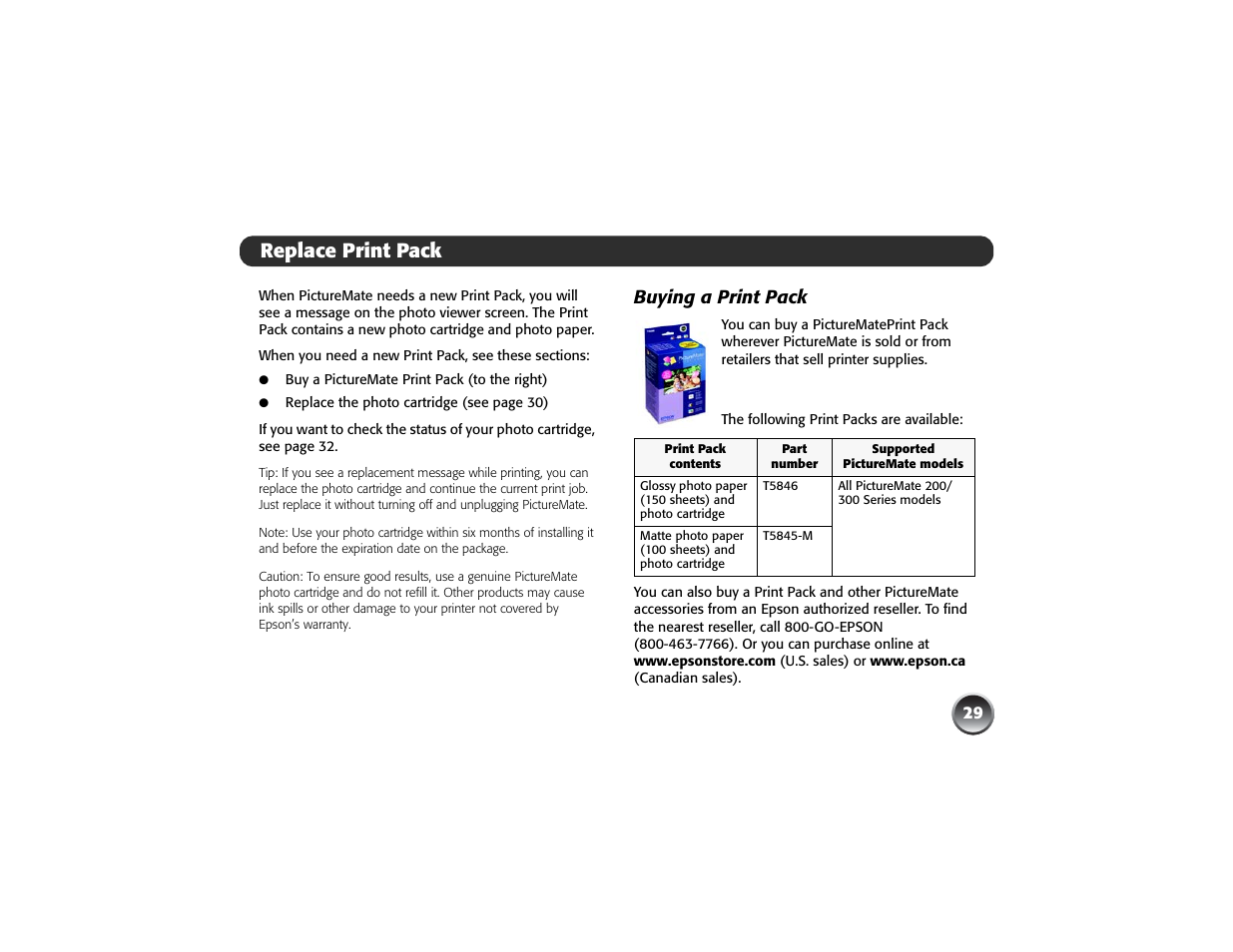 Replace print pack, Buying a print pack | Epson PICTUREMATE PM 225 User Manual | Page 31 / 67