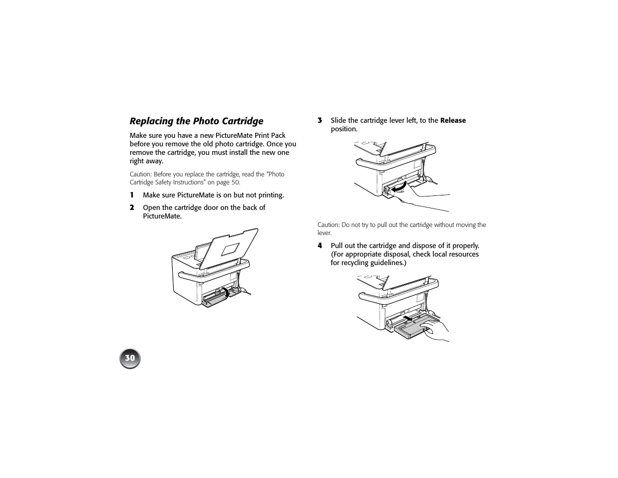 Replacing the photo cartridge | Epson PICTUREMATE PM 225 User Manual | Page 32 / 67
