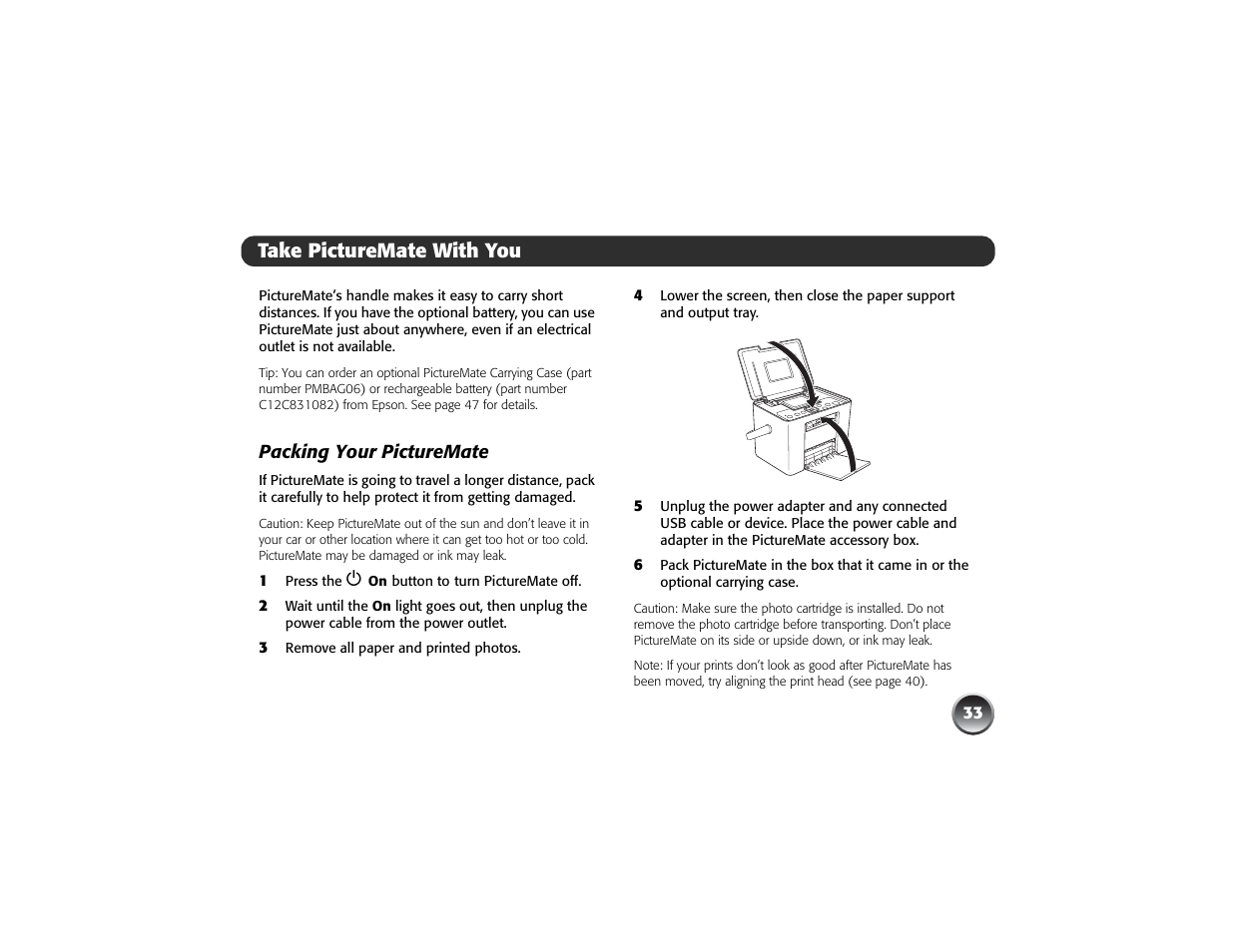 Take picturemate with you, Packing your picturemate | Epson PICTUREMATE PM 225 User Manual | Page 35 / 67