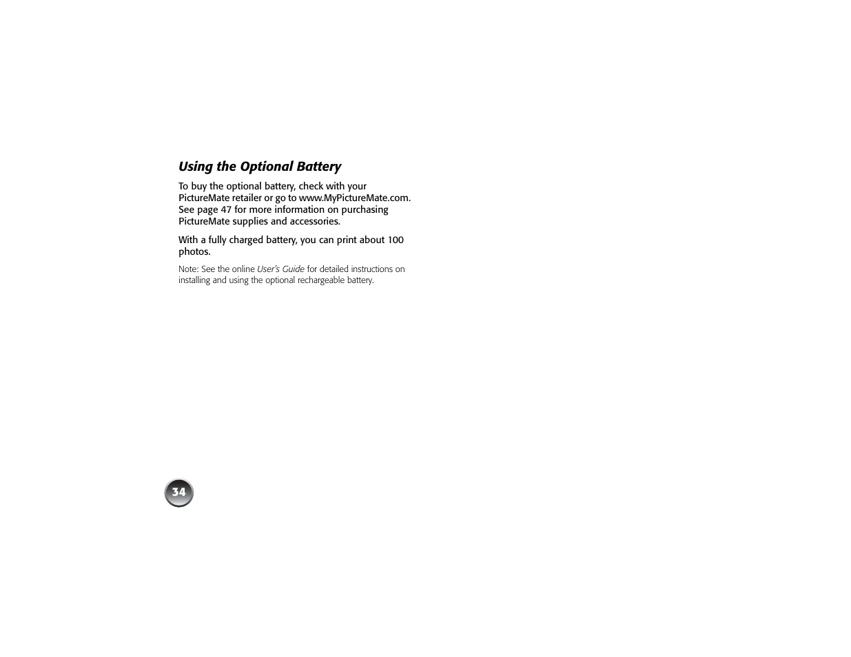 Using the optional battery | Epson PICTUREMATE PM 225 User Manual | Page 36 / 67