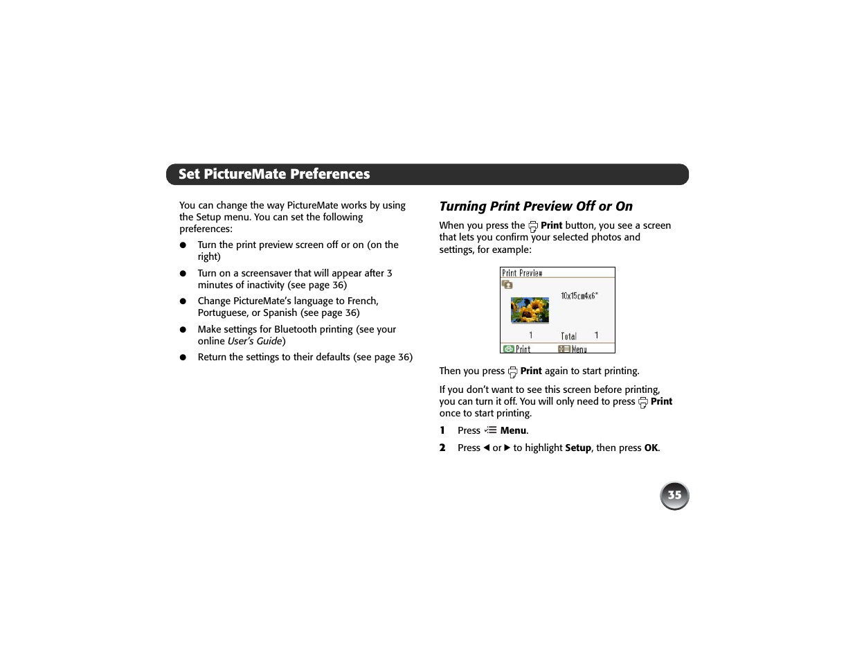 Set picturemate preferences, Turning print preview off or on | Epson PICTUREMATE PM 225 User Manual | Page 37 / 67