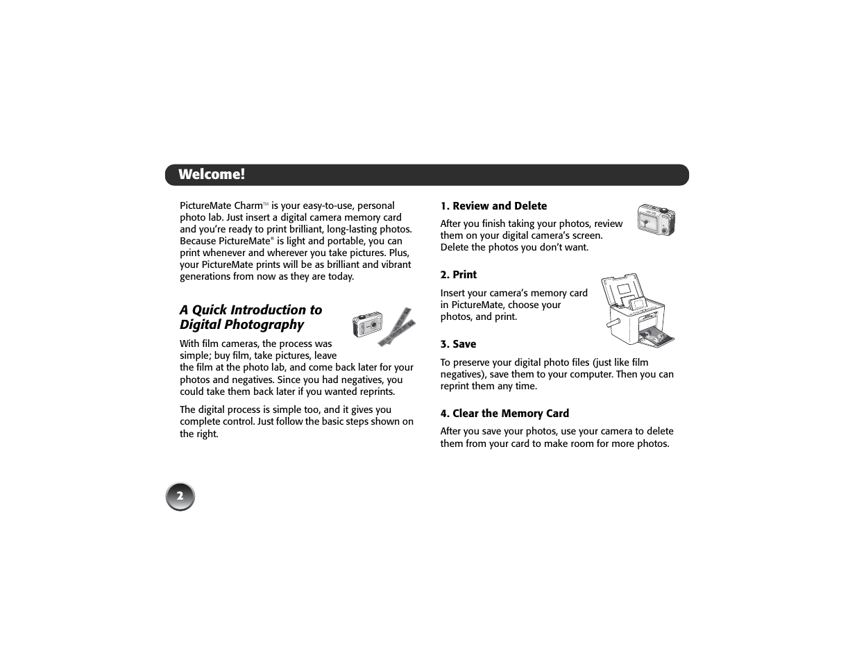 Welcome, A quick introduction to digital photography, Review and delete | Print, Save, Clear the memory card | Epson PICTUREMATE PM 225 User Manual | Page 4 / 67