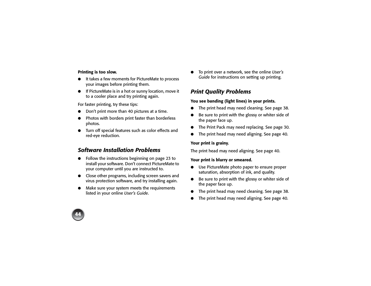 Software installation problems, Print quality problems | Epson PICTUREMATE PM 225 User Manual | Page 46 / 67