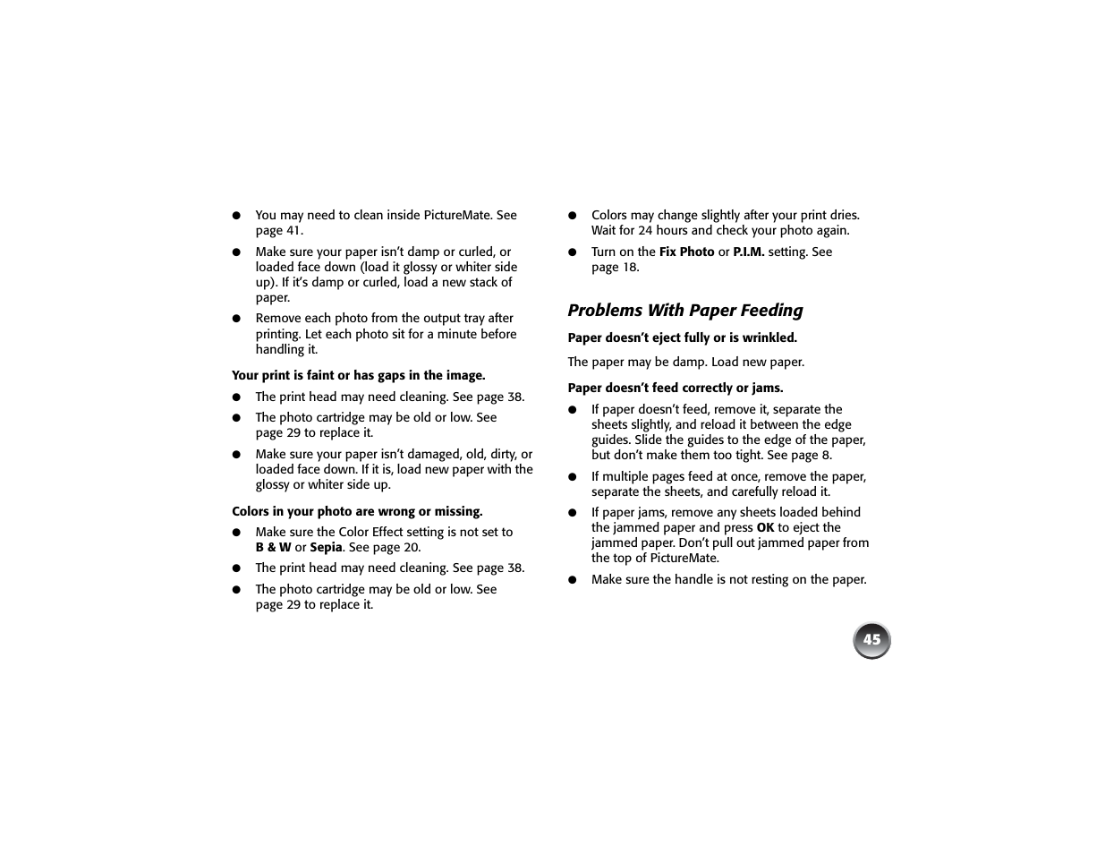 Problems with paper feeding | Epson PICTUREMATE PM 225 User Manual | Page 47 / 67