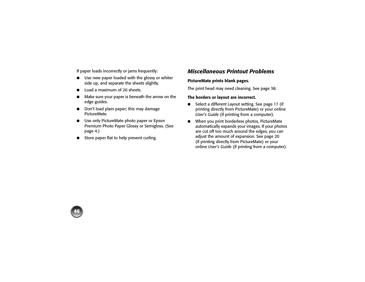 Miscellaneous printout problems | Epson PICTUREMATE PM 225 User Manual | Page 48 / 67
