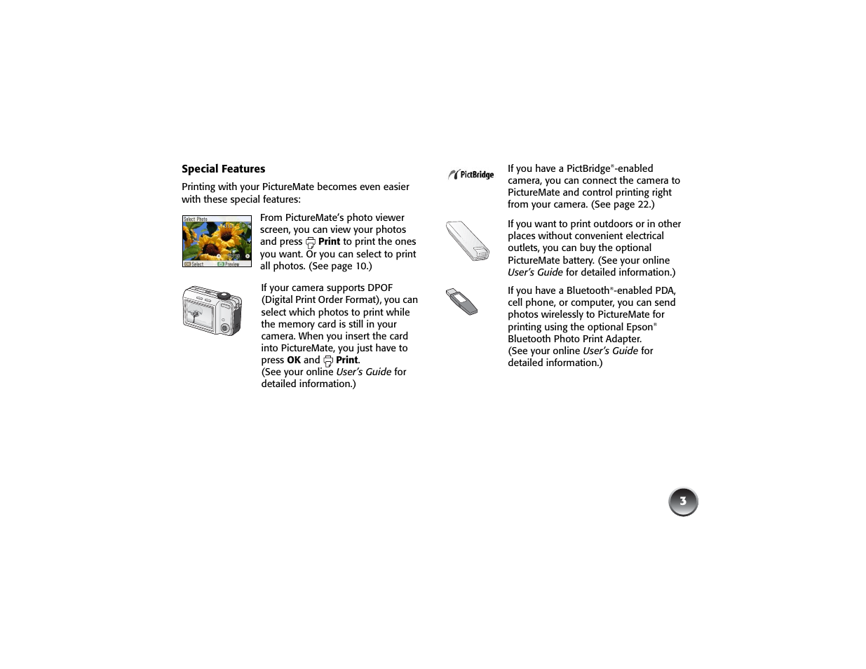 Special features | Epson PICTUREMATE PM 225 User Manual | Page 5 / 67
