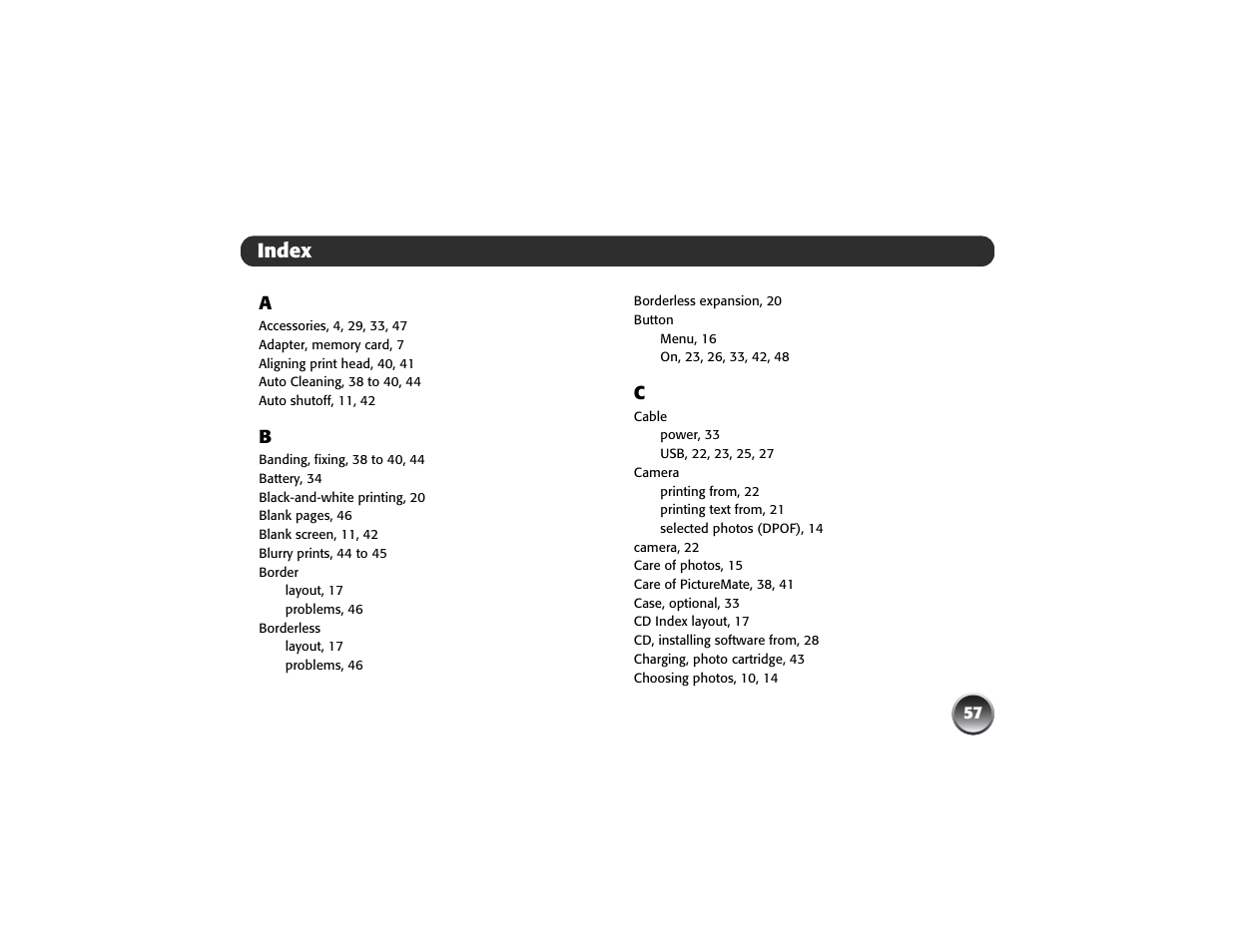 Index | Epson PICTUREMATE PM 225 User Manual | Page 59 / 67