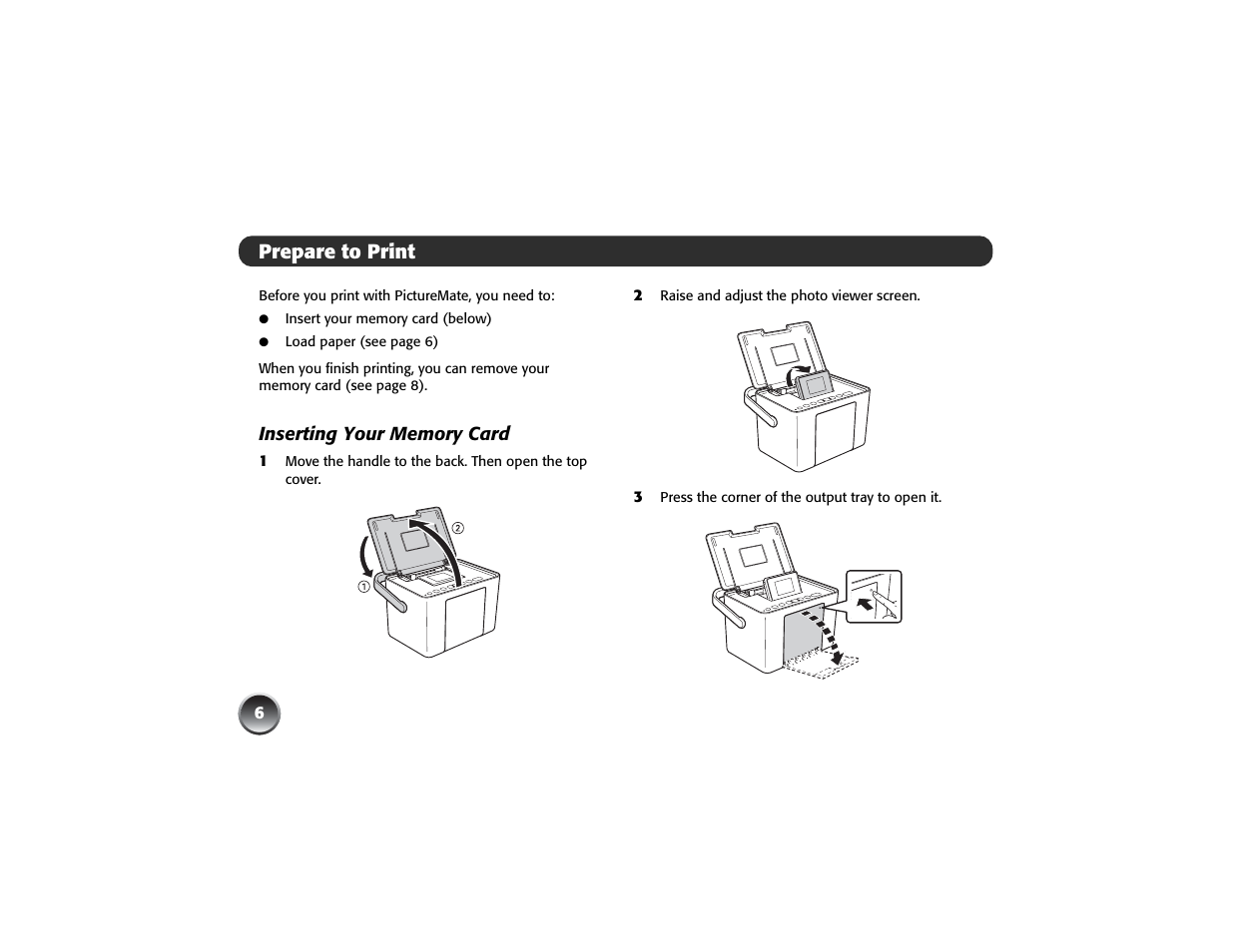 Prepare to print, Inserting your memory card | Epson PICTUREMATE PM 225 User Manual | Page 8 / 67