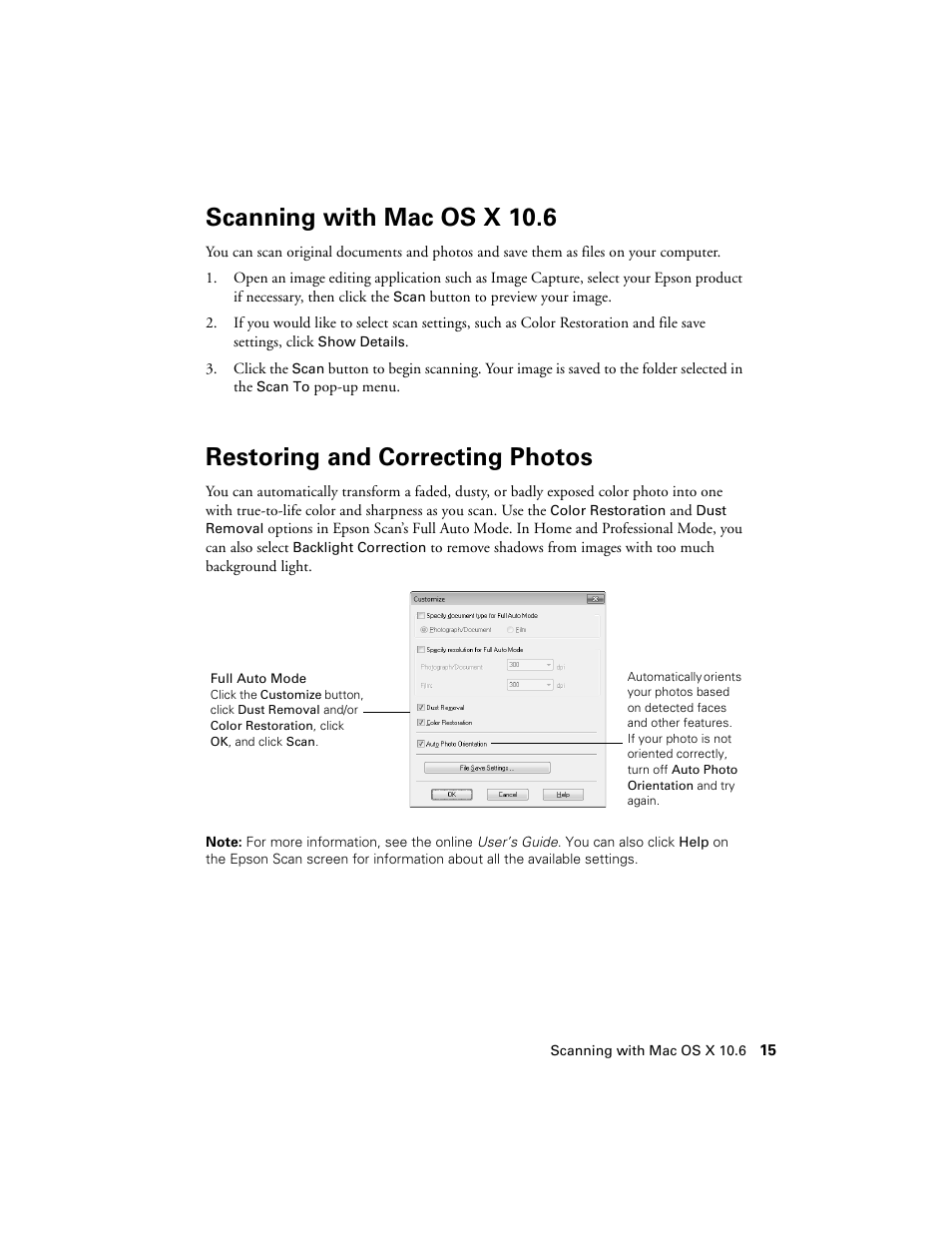 Scanning with mac os x 10.6, Restoring and correcting photos | Epson NX430 User Manual | Page 15 / 32