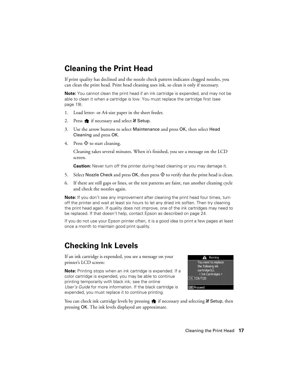 Cleaning the print head, Checking ink levels | Epson NX430 User Manual | Page 17 / 32