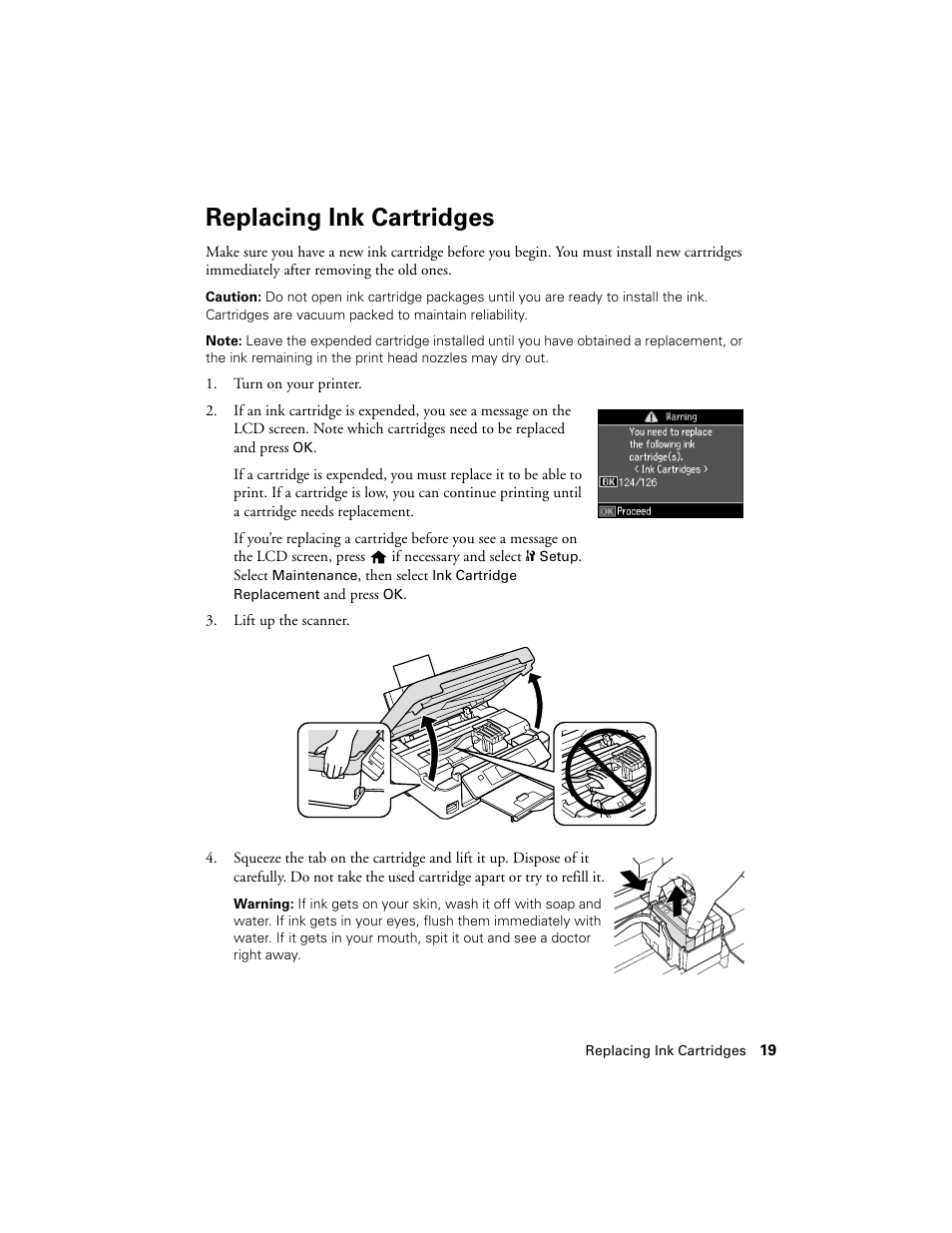 Replacing ink cartridges | Epson NX430 User Manual | Page 19 / 32