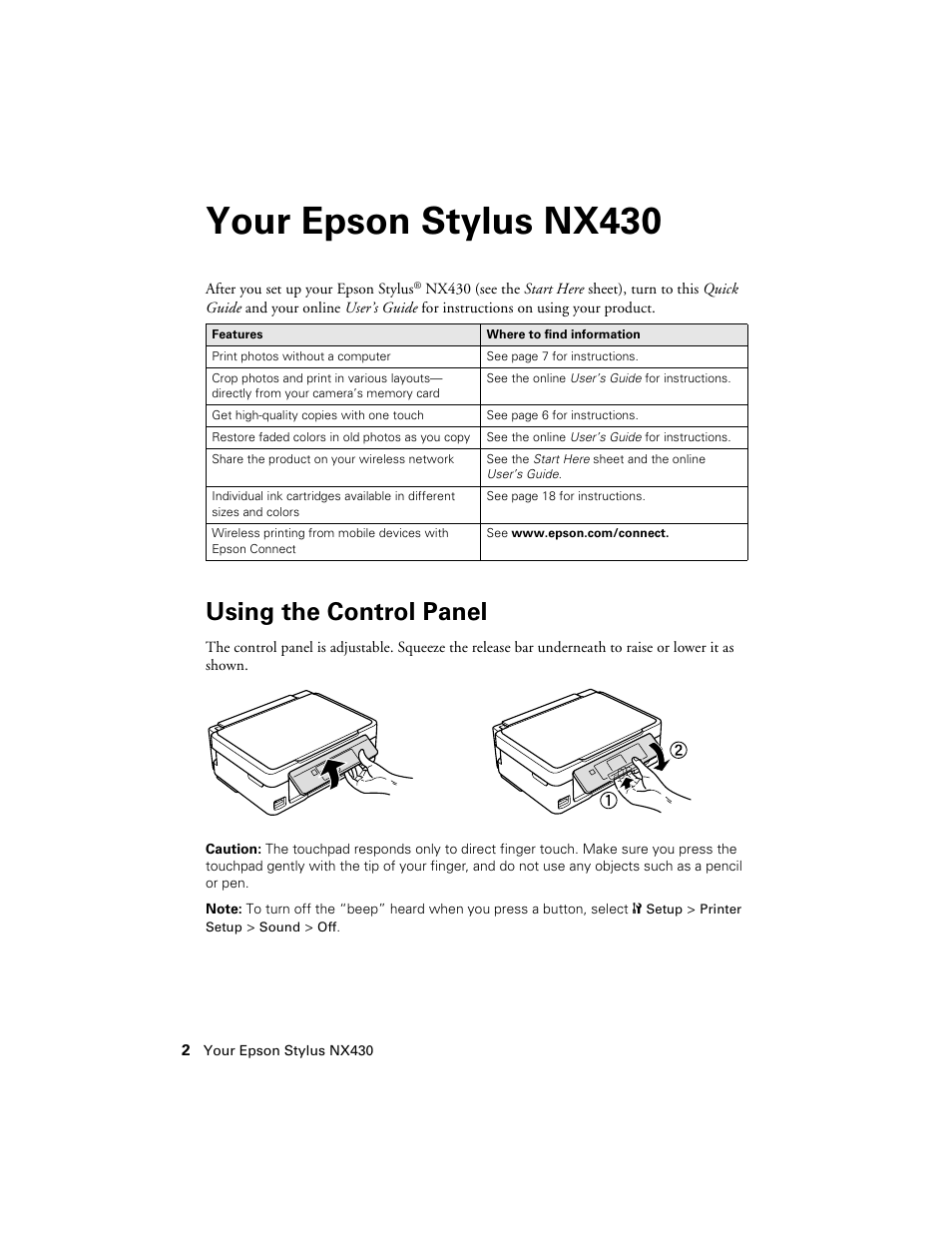 Your epson stylus nx430, Using the control panel | Epson NX430 User Manual | Page 2 / 32