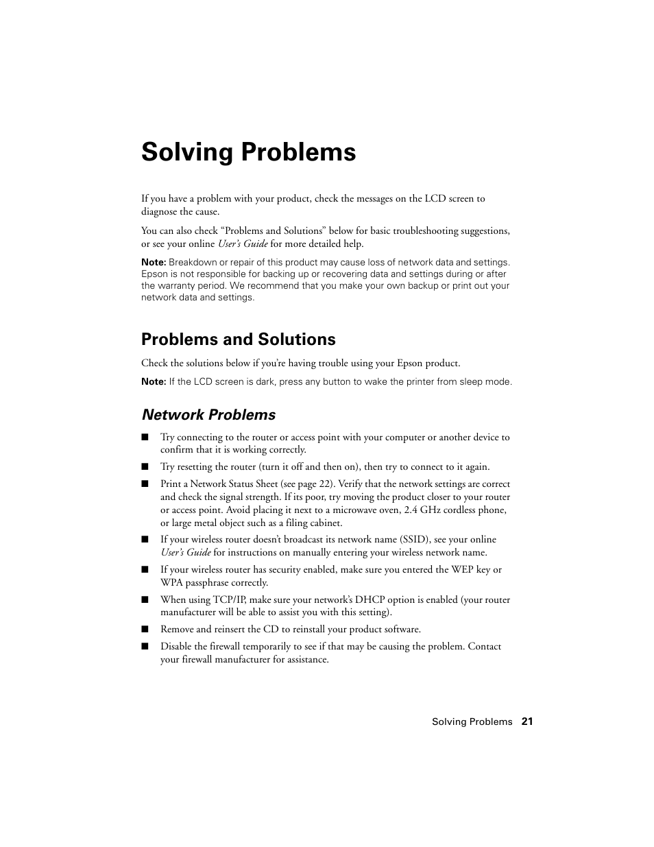 Solving problems, Problems and solutions, Network problems | Epson NX430 User Manual | Page 21 / 32