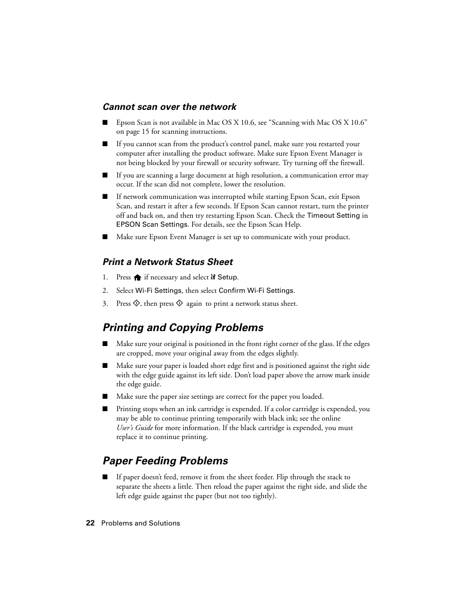 Printing and copying problems, Paper feeding problems | Epson NX430 User Manual | Page 22 / 32