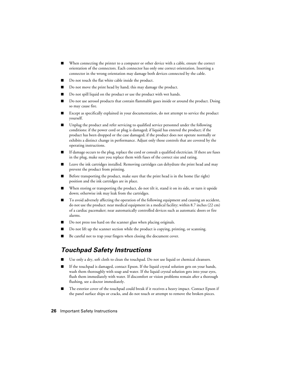 Touchpad safety instructions | Epson NX430 User Manual | Page 26 / 32