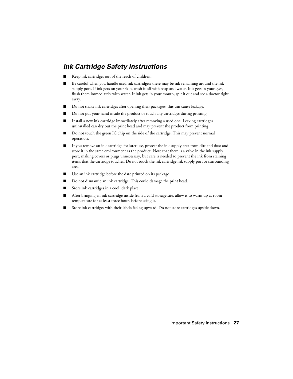 Ink cartridge safety instructions | Epson NX430 User Manual | Page 27 / 32