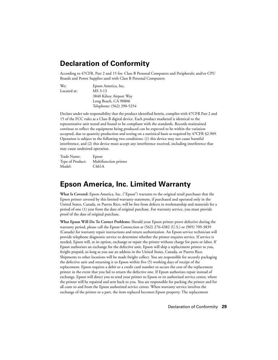 Declaration of conformity, Epson america, inc. limited warranty | Epson NX430 User Manual | Page 29 / 32