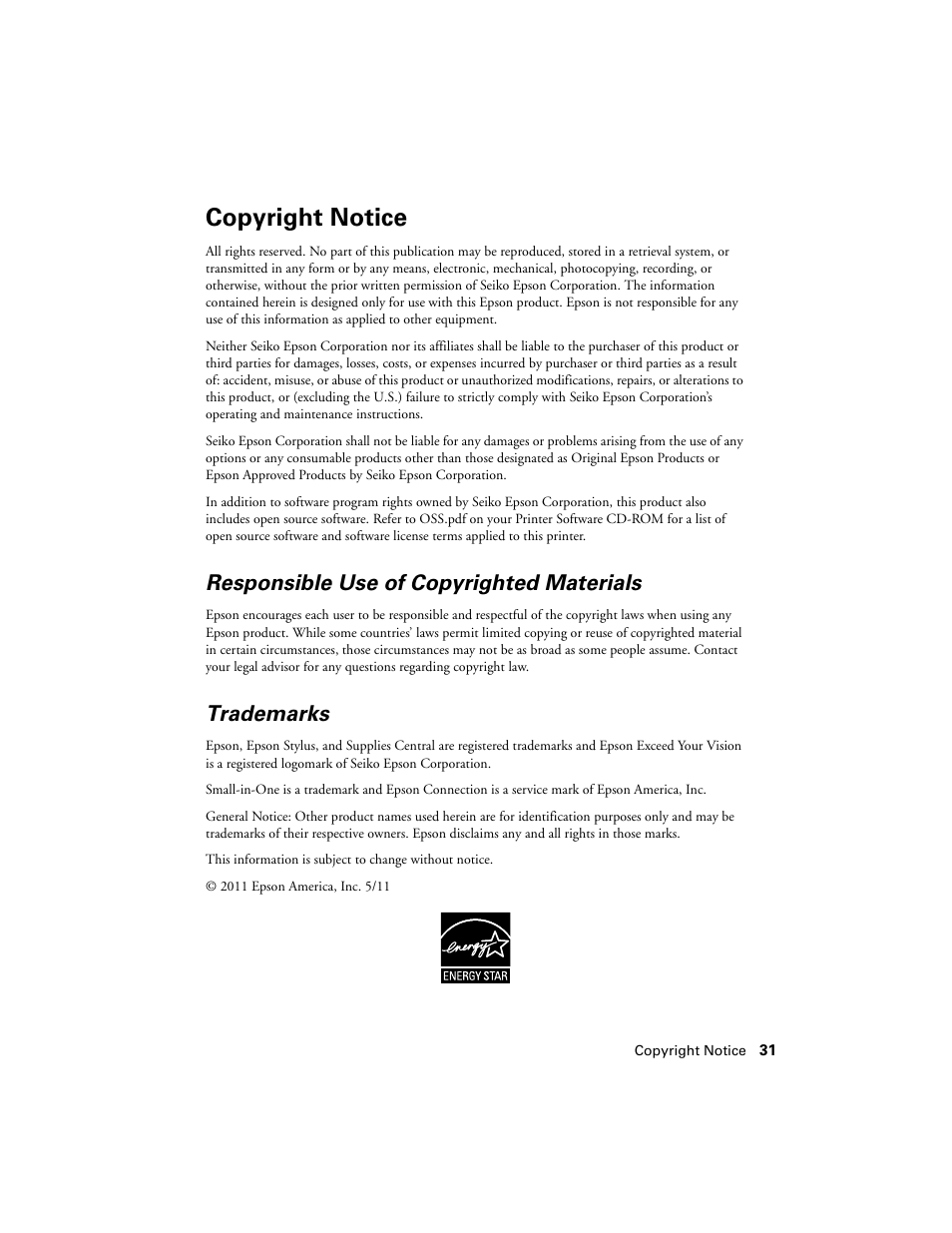 Copyright notice, Responsible use of copyrighted materials, Trademarks | Epson NX430 User Manual | Page 31 / 32