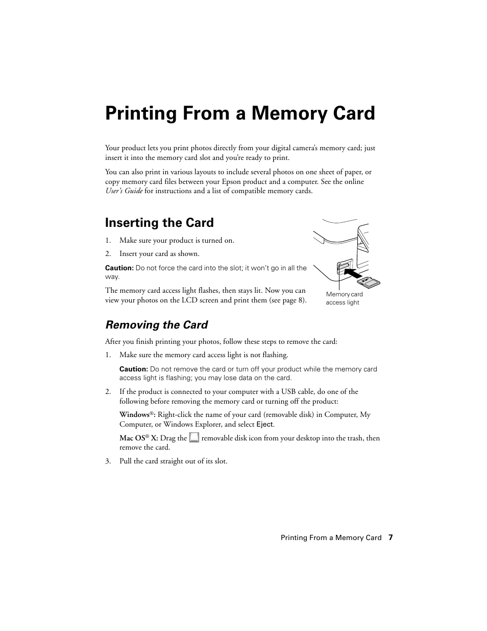 Printing from a memory card, Inserting the card, Removing the card | Epson NX430 User Manual | Page 7 / 32